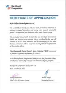 Burckhardt Compression (India) Pvt Ltd - Certificate of Appreciation